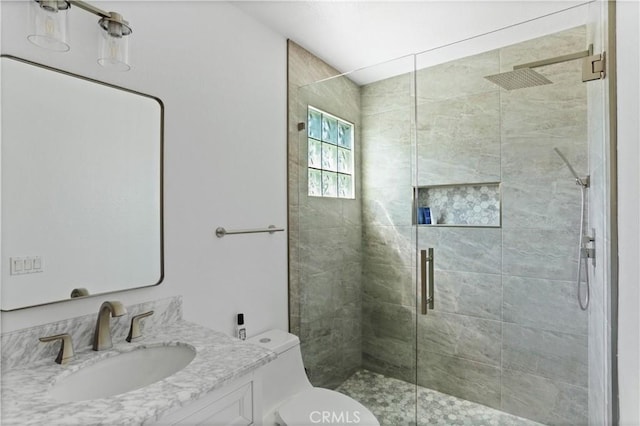 bathroom with vanity, a stall shower, and toilet