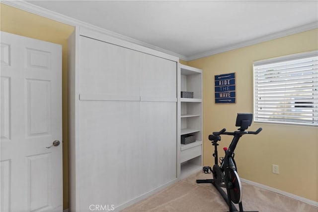 exercise area with baseboards, ornamental molding, and light colored carpet