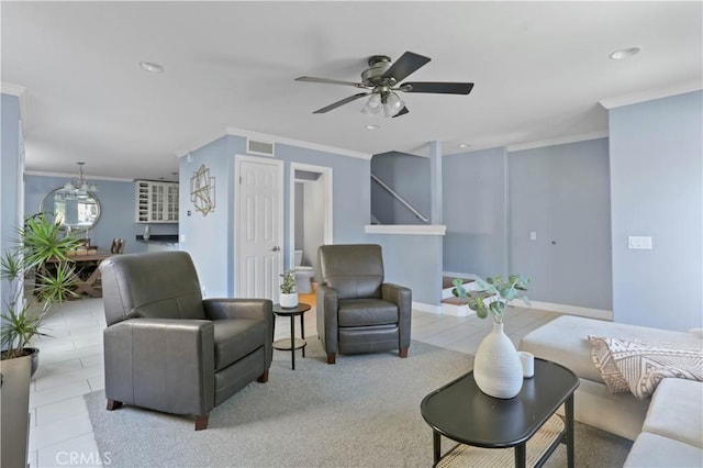 living room featuring visible vents, ornamental molding, ceiling fan, and recessed lighting