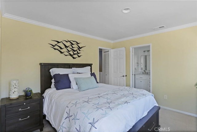 bedroom with baseboards, visible vents, ornamental molding, and carpet