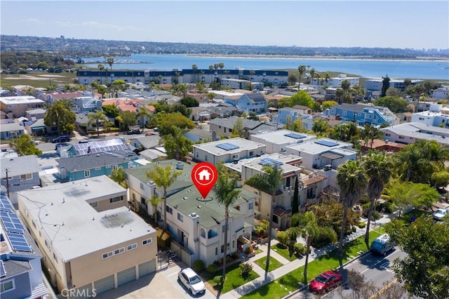drone / aerial view featuring a water view
