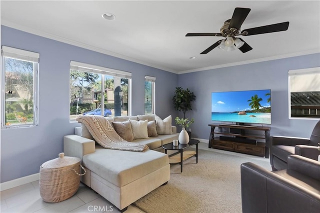 4069 Lamont St Unit 1, San Diego, CA 92109 - living room featuring a ceiling fan, baseboards, recessed lighting, and ornamental molding