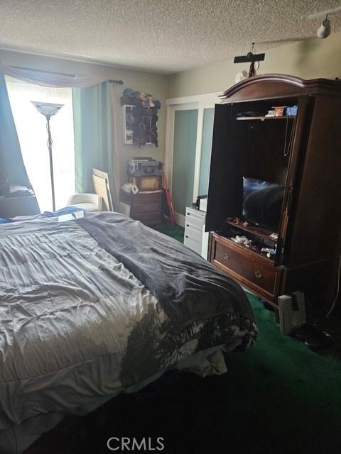 bedroom with carpet floors and a textured ceiling