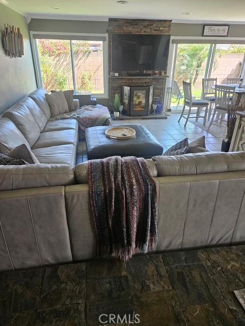 living room with plenty of natural light, crown molding, and a stone fireplace