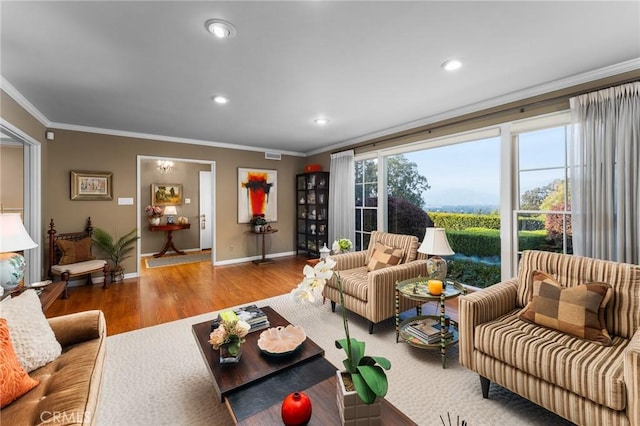 1215 Mira Monte Dr, Redlands, CA 92373 - living room featuring crown molding, baseboards, wood finished floors, and recessed lighting