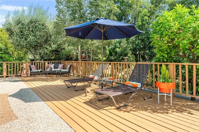 1215 Mira Monte Dr, Redlands, CA 92373 - wooden deck featuring an outdoor hangout area and view of scattered trees