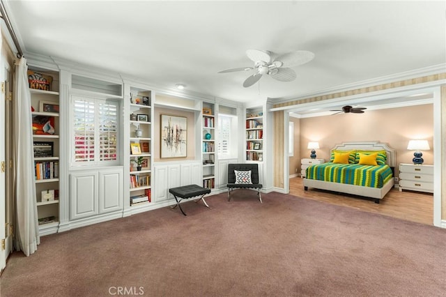 1215 Mira Monte Dr, Redlands, CA 92373 - bedroom with carpet flooring, crown molding, baseboards, and ceiling fan