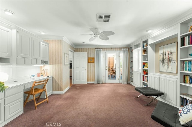 1215 Mira Monte Dr, Redlands, CA 92373 - office with built in desk, ceiling fan, carpet floors, ornamental molding, and baseboards