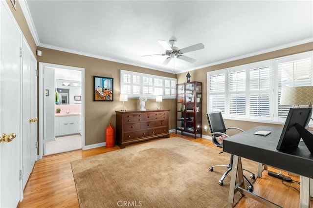 1215 Mira Monte Dr, Redlands, CA 92373 - office with ceiling fan, light wood-style flooring, ornamental molding, and baseboards