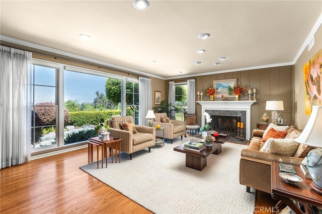 1215 Mira Monte Dr, Redlands, CA 92373 - living room featuring crown molding, a high end fireplace, wood finished floors, and recessed lighting