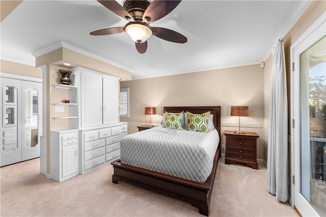 1215 Mira Monte Dr, Redlands, CA 92373 - bedroom featuring light colored carpet, ornamental molding, multiple windows, and ceiling fan