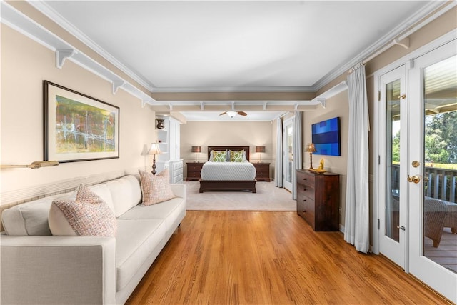 1215 Mira Monte Dr, Redlands, CA 92373 - bedroom featuring multiple windows, light wood-type flooring, access to exterior, and crown molding