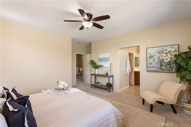 27441 Charleston Ct Unit 3, Murrieta, CA 92562 - bedroom featuring a ceiling fan, baseboards, light carpet, and ensuite bath