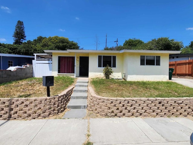 single story home with fence and stucco siding