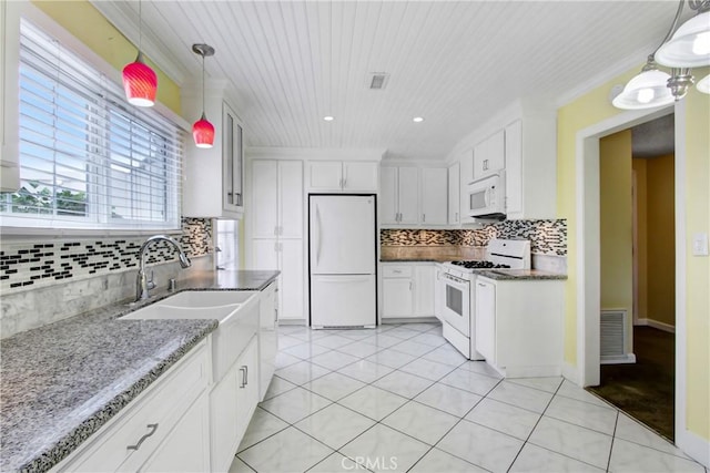 kitchen featuring light tile patterned flooring, white appliances, white cabinetry, backsplash, and wood ceiling