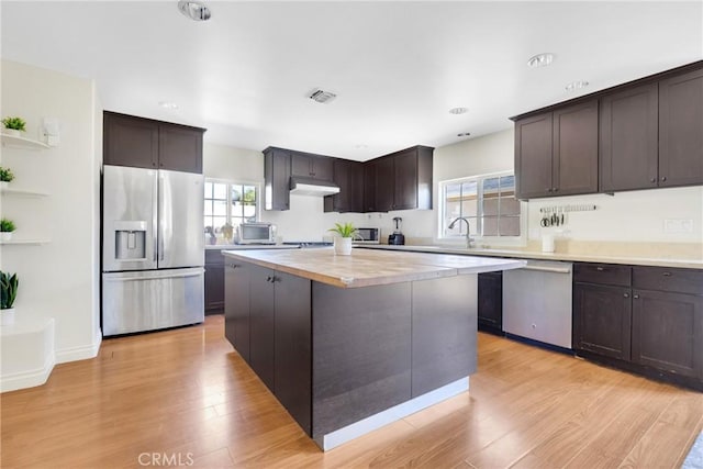 kitchen with dark brown cabinets, light wood finished floors, stainless steel appliances, a kitchen island, and visible vents