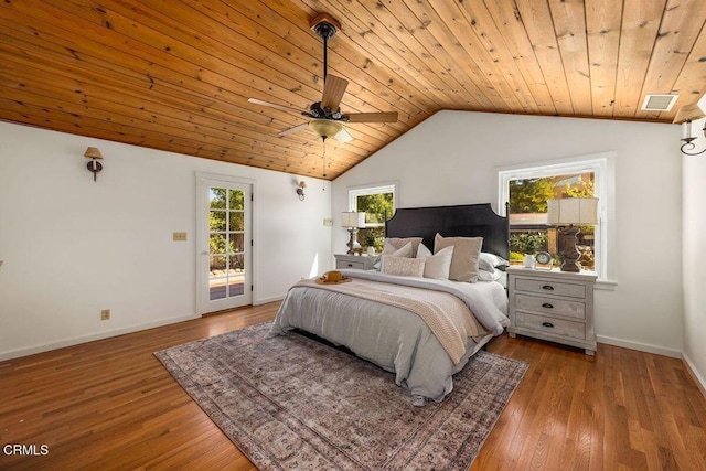 bedroom featuring access to exterior, wood finished floors, vaulted ceiling, visible vents, and wood ceiling