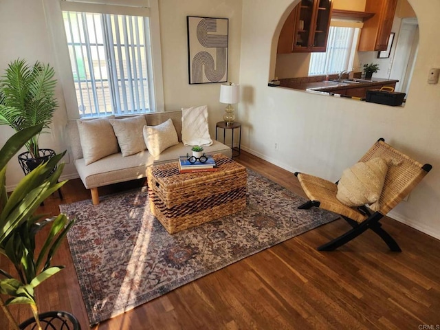 living room featuring baseboards, arched walkways, and wood finished floors