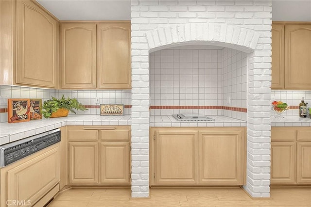 17527 Mondino Dr, Rowland Heights, CA 91748 - kitchen featuring light brown cabinets, dishwasher, tasteful backsplash, and tile counters