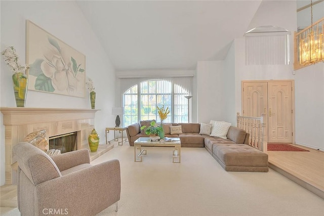 17527 Mondino Dr, Rowland Heights, CA 91748 - living room featuring high vaulted ceiling and carpet flooring