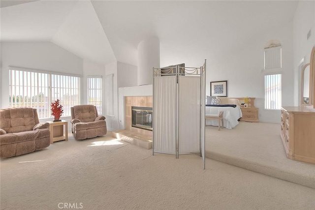 17527 Mondino Dr, Rowland Heights, CA 91748 - living area with carpet flooring, high vaulted ceiling, and a tile fireplace