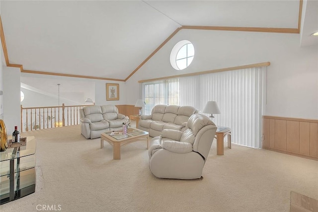 17527 Mondino Dr, Rowland Heights, CA 91748 - living area with carpet, wainscoting, ornamental molding, and high vaulted ceiling