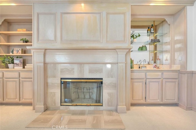 17527 Mondino Dr, Rowland Heights, CA 91748 - detailed view of wet bar, carpet floors, and a tile fireplace