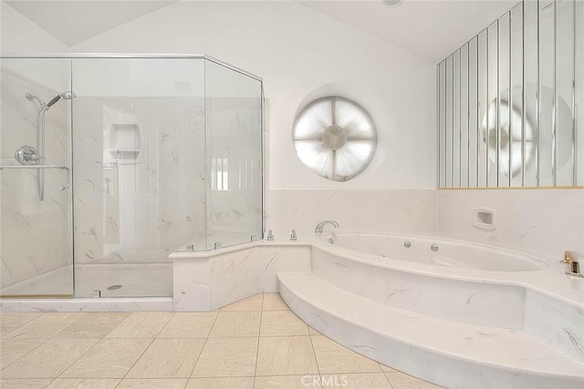 17527 Mondino Dr, Rowland Heights, CA 91748 - bathroom featuring a garden tub, a marble finish shower, and lofted ceiling
