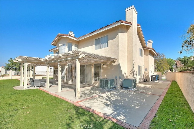 17527 Mondino Dr, Rowland Heights, CA 91748 - rear view of property featuring a pergola, a chimney, central air condition unit, and stucco siding