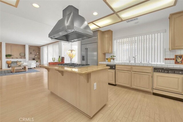 17527 Mondino Dr, Rowland Heights, CA 91748 - kitchen with stainless steel appliances, island exhaust hood, a sink, light brown cabinetry, and recessed lighting