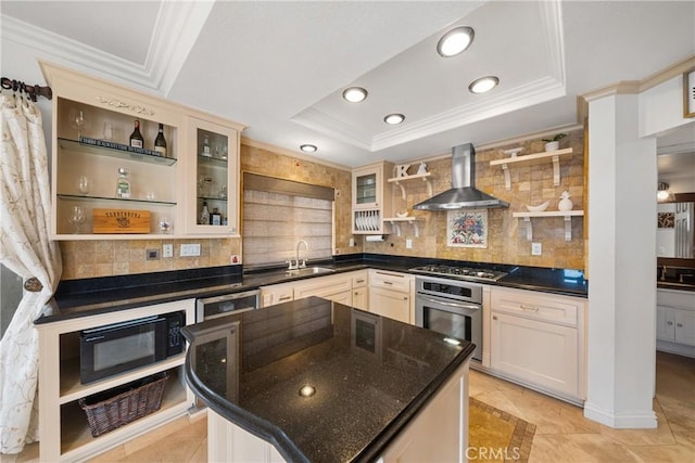 1081 Vista Lomas Ln, Corona, CA 92882 - kitchen featuring ornamental molding, open shelves, wall chimney exhaust hood, tasteful backsplash, and appliances with stainless steel finishes