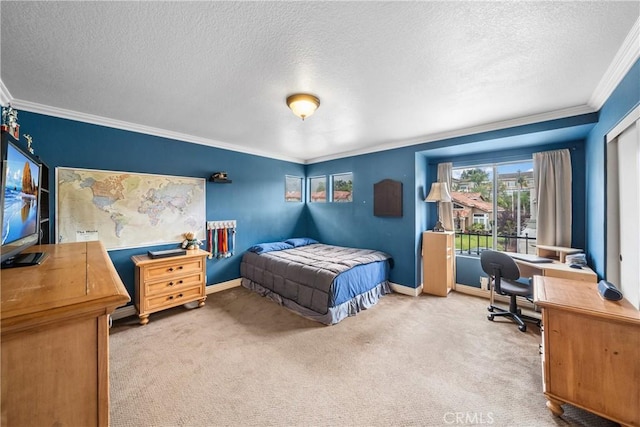 1081 Vista Lomas Ln, Corona, CA 92882 - carpeted bedroom with ornamental molding, a textured ceiling, baseboards, and multiple windows