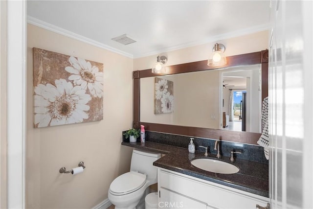1081 Vista Lomas Ln, Corona, CA 92882 - bathroom featuring toilet, visible vents, vanity, and ornamental molding