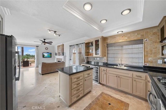 1081 Vista Lomas Ln, Corona, CA 92882 - kitchen with a tray ceiling, beverage cooler, a sink, crown molding, and stainless steel refrigerator with ice dispenser