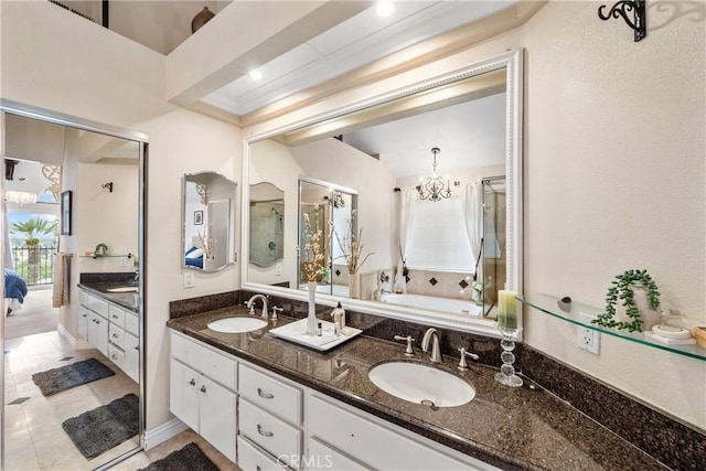 1081 Vista Lomas Ln, Corona, CA 92882 - full bath with double vanity, a chandelier, a stall shower, and a sink