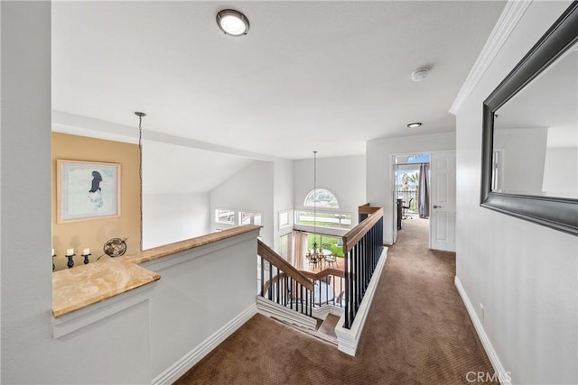 1081 Vista Lomas Ln, Corona, CA 92882 - hallway with carpet flooring, an upstairs landing, baseboards, and lofted ceiling