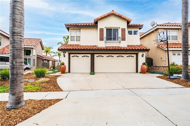 1081 Vista Lomas Ln, Corona, CA 92882 - mediterranean / spanish-style home with concrete driveway, stucco siding, a tiled roof, and an attached garage