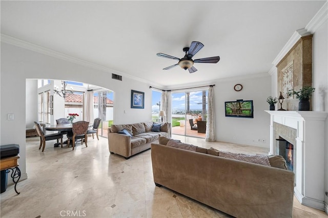1081 Vista Lomas Ln, Corona, CA 92882 - living room featuring crown molding, visible vents, and a healthy amount of sunlight