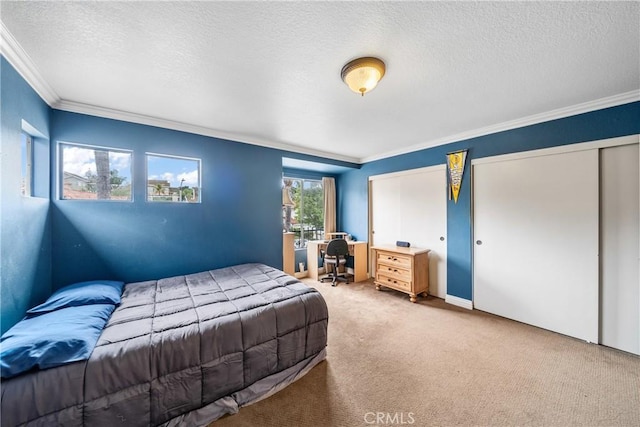 1081 Vista Lomas Ln, Corona, CA 92882 - carpeted bedroom with ornamental molding, a textured ceiling, and multiple closets