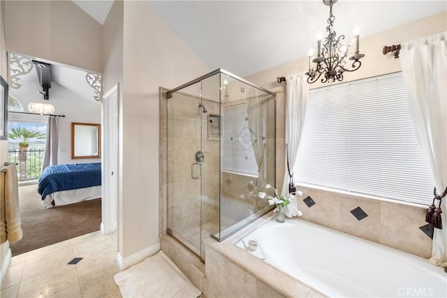 1081 Vista Lomas Ln, Corona, CA 92882 - ensuite bathroom featuring lofted ceiling, ensuite bath, a stall shower, a notable chandelier, and a garden tub