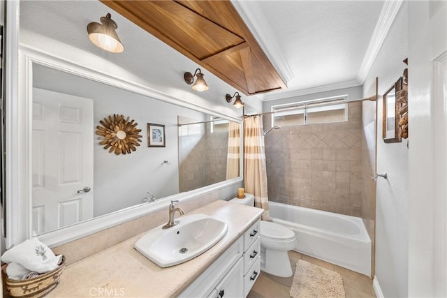 1081 Vista Lomas Ln, Corona, CA 92882 - bathroom with toilet, shower / bath combo with shower curtain, crown molding, tile patterned flooring, and vanity