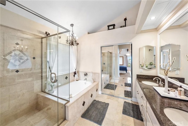 1081 Vista Lomas Ln, Corona, CA 92882 - full bathroom featuring a shower stall, a garden tub, a chandelier, and a sink