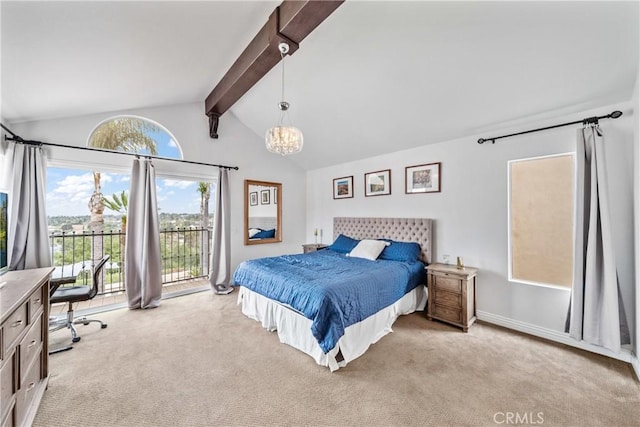 1081 Vista Lomas Ln, Corona, CA 92882 - bedroom featuring access to exterior, light carpet, lofted ceiling with beams, and a notable chandelier