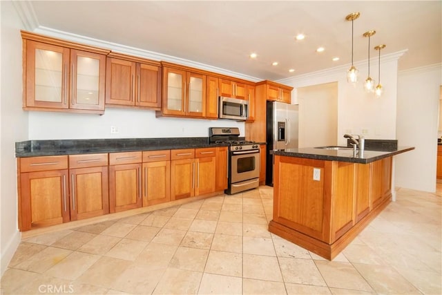 kitchen featuring brown cabinetry, crown molding, hanging light fixtures, a sink, and stainless steel appliances