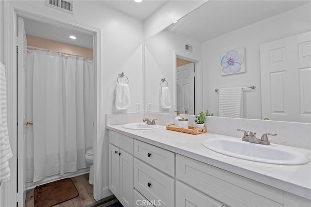 full bath featuring a sink, toilet, double vanity, and visible vents