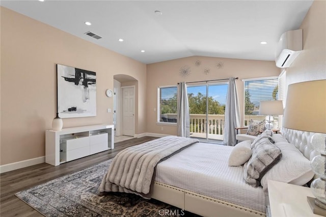 bedroom featuring visible vents, access to exterior, multiple windows, an AC wall unit, and arched walkways