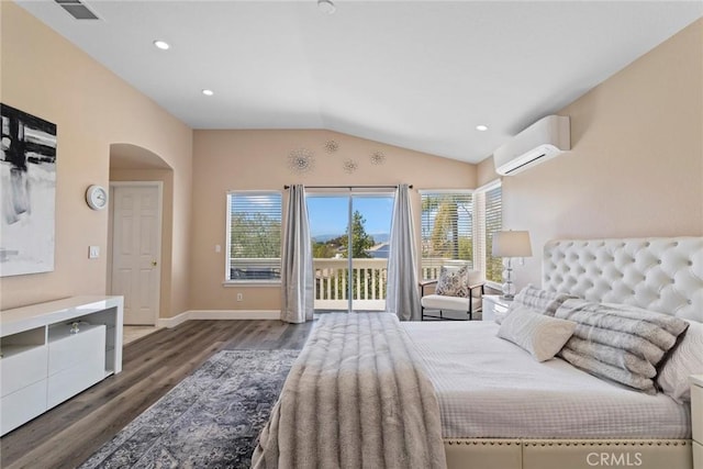 25925 Clifton Pl, Stevenson Ranch, CA 91381 - bedroom featuring an AC wall unit, access to exterior, wood finished floors, arched walkways, and lofted ceiling