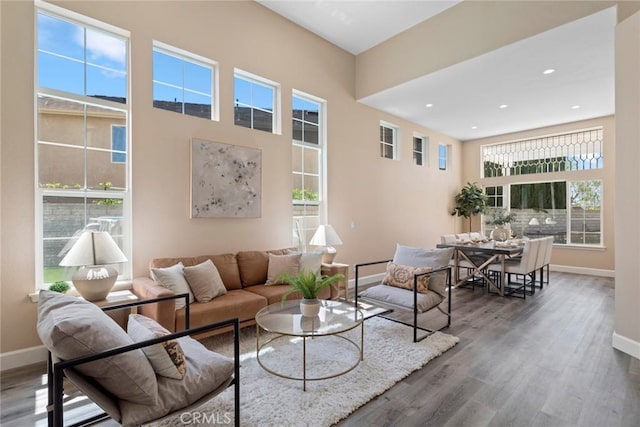 living area featuring baseboards, recessed lighting, and wood finished floors
