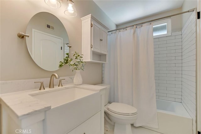 bathroom featuring visible vents, shower / bathtub combination with curtain, toilet, and vanity