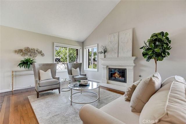 living area featuring a glass covered fireplace, baseboards, high vaulted ceiling, and wood finished floors